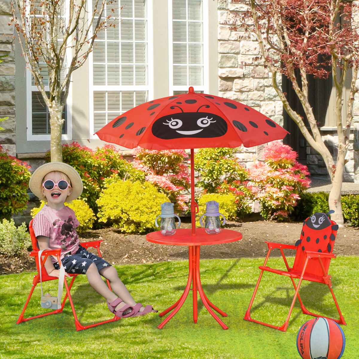 Kids 4-Piece Folding Picnic Table and Chair Set, Ladybird Parasol