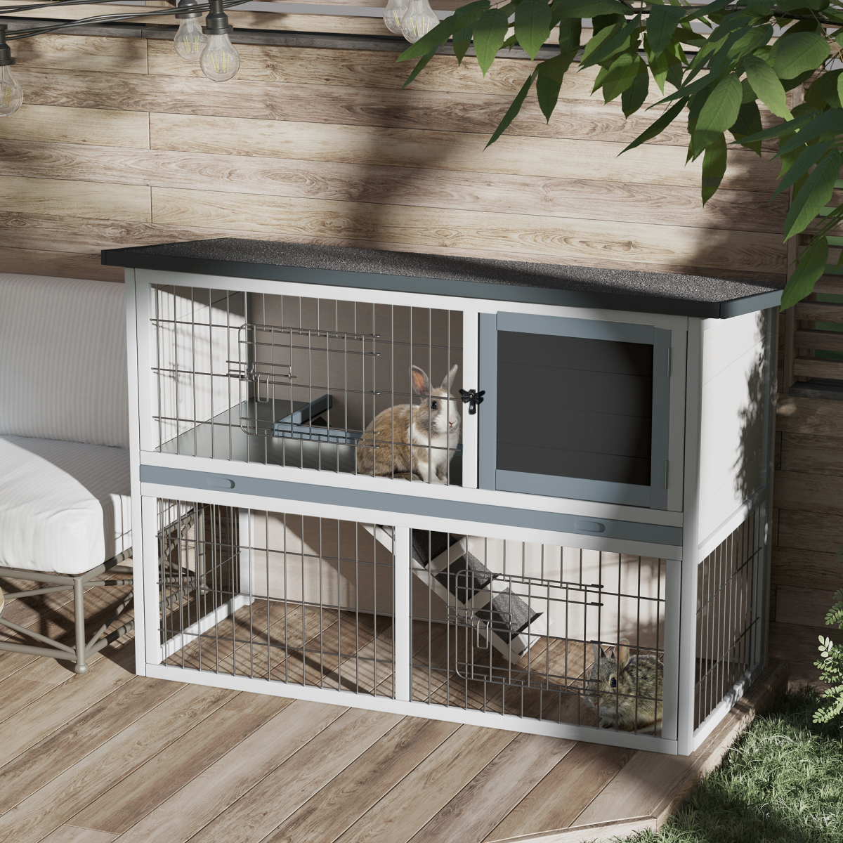 Pawhut Rabbit Hutch and Run with Removable Tray, Openable Roof, Ramp and Lockable Doors for Rabbits, Guinea Pigs and Small Animals