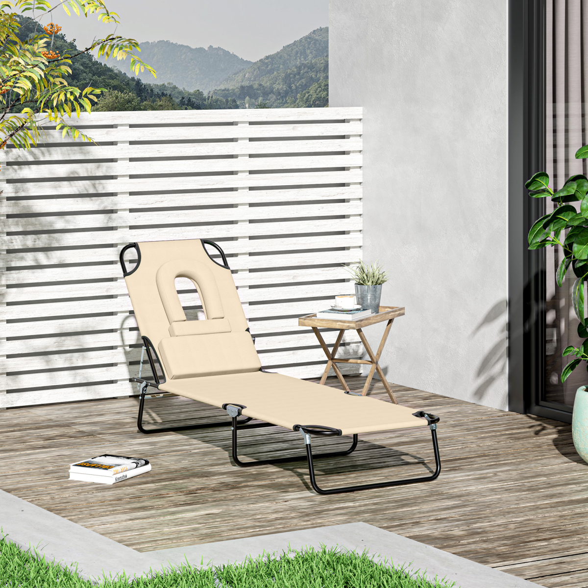 Outsunny Foldable Sun Lounger Reclining Chair with Padded Face Hole, Adjustable Backrest, Beige