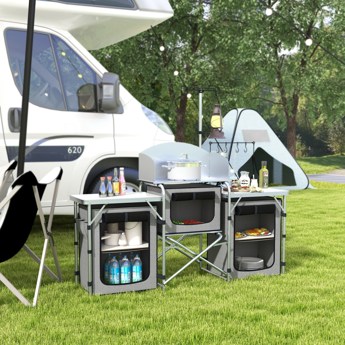 Outsunny Folding Camping Kitchen with Windshield, Lamp Stand & Carry Bag