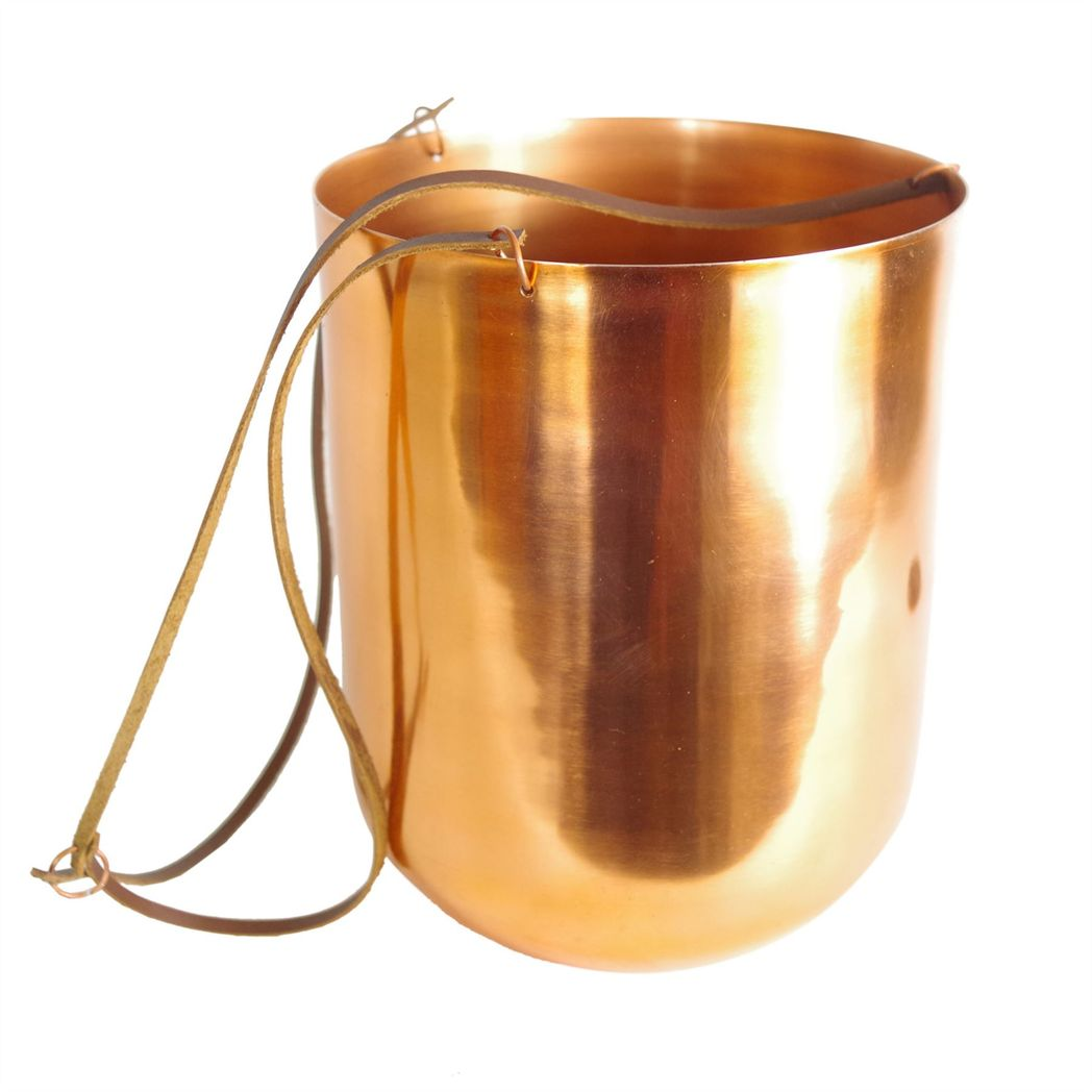 Leaf Copper Metal Hanging Planter with Leather Straps 18 x 22cm