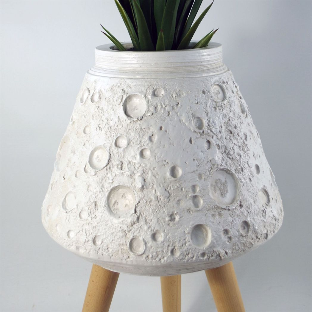 Leaf Large Lunar White Fibreglass Composite Planter with Wooden Legs, 62cm x 40cm