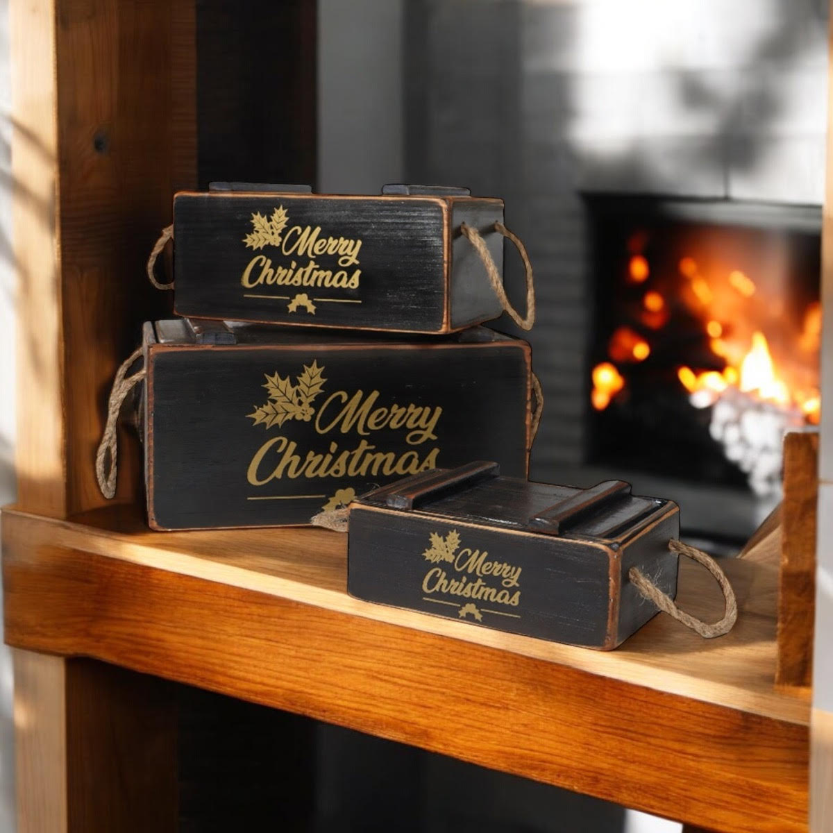 MSL Set of 3 Black Wooden Christmas Boxes with Lids, Hand Finished