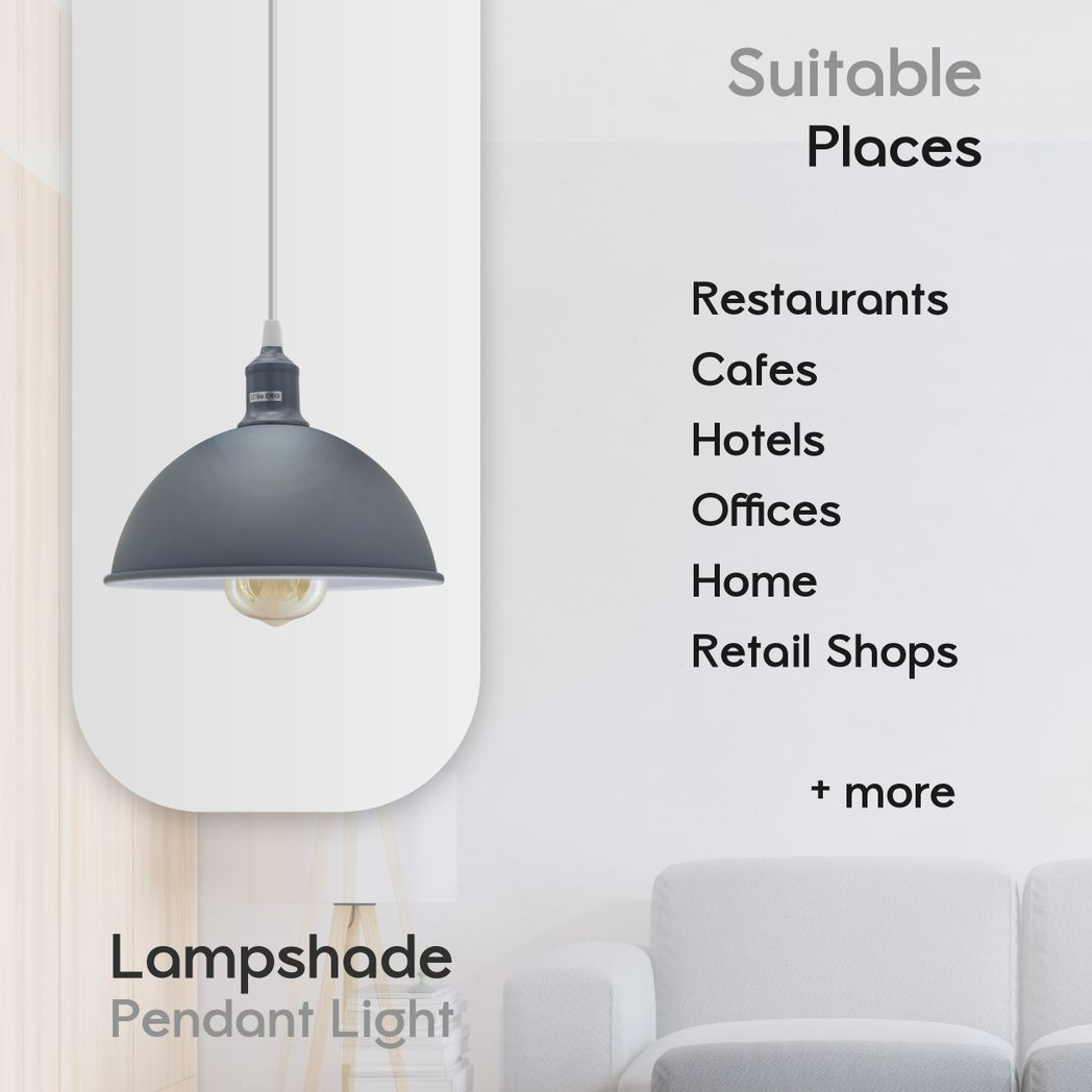 2 Pack Grey Dome Metal Ceiling Pendant Lamp Shades, Inner White
