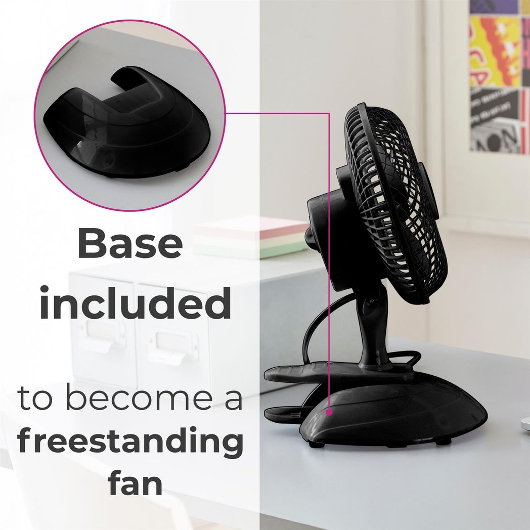 Neo 6-Inch Clip-On or Base Mount Desk Fan, 2-Speed, 360° Rotatable, Black