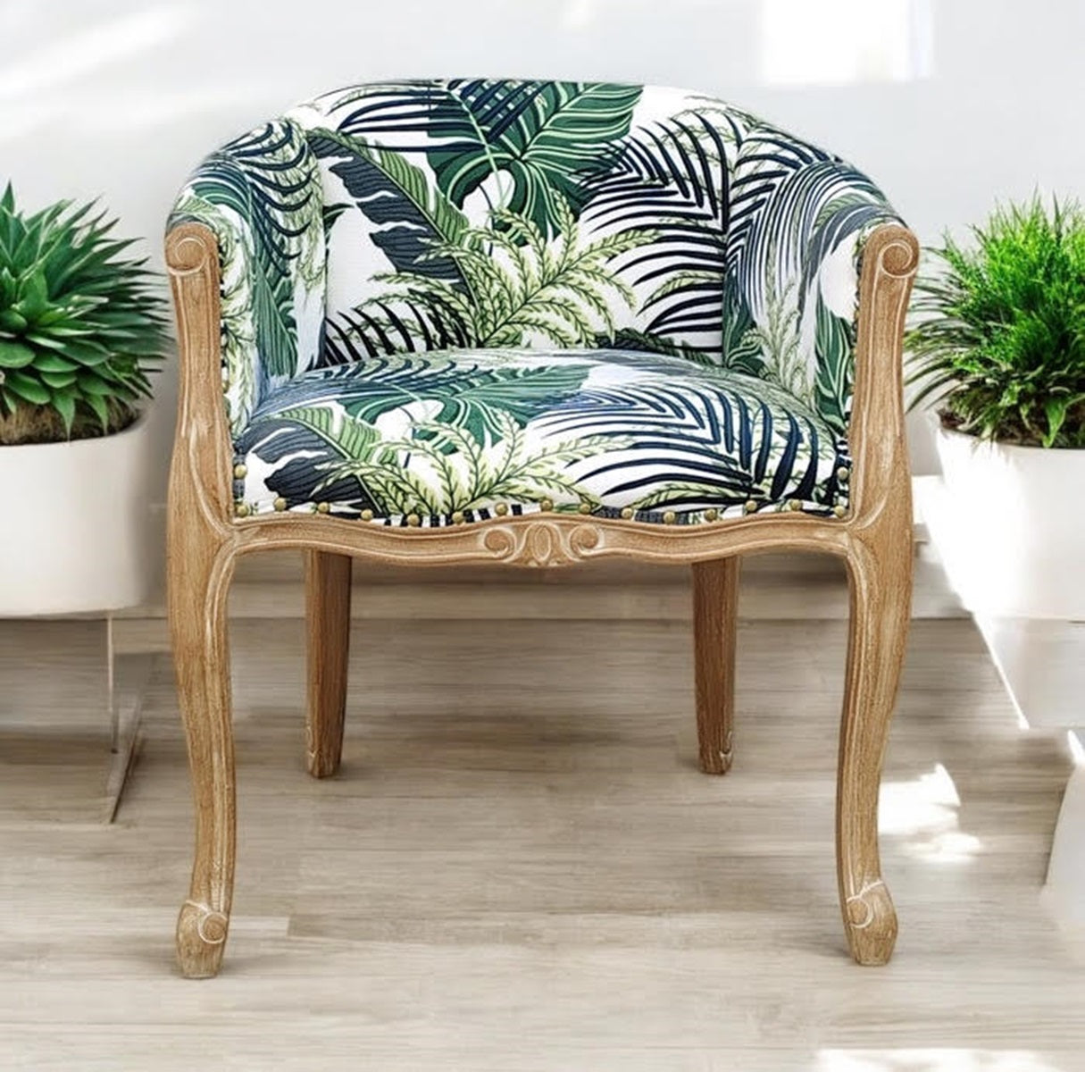 Natural Linen Upholstered Louis Chair with Stud Details