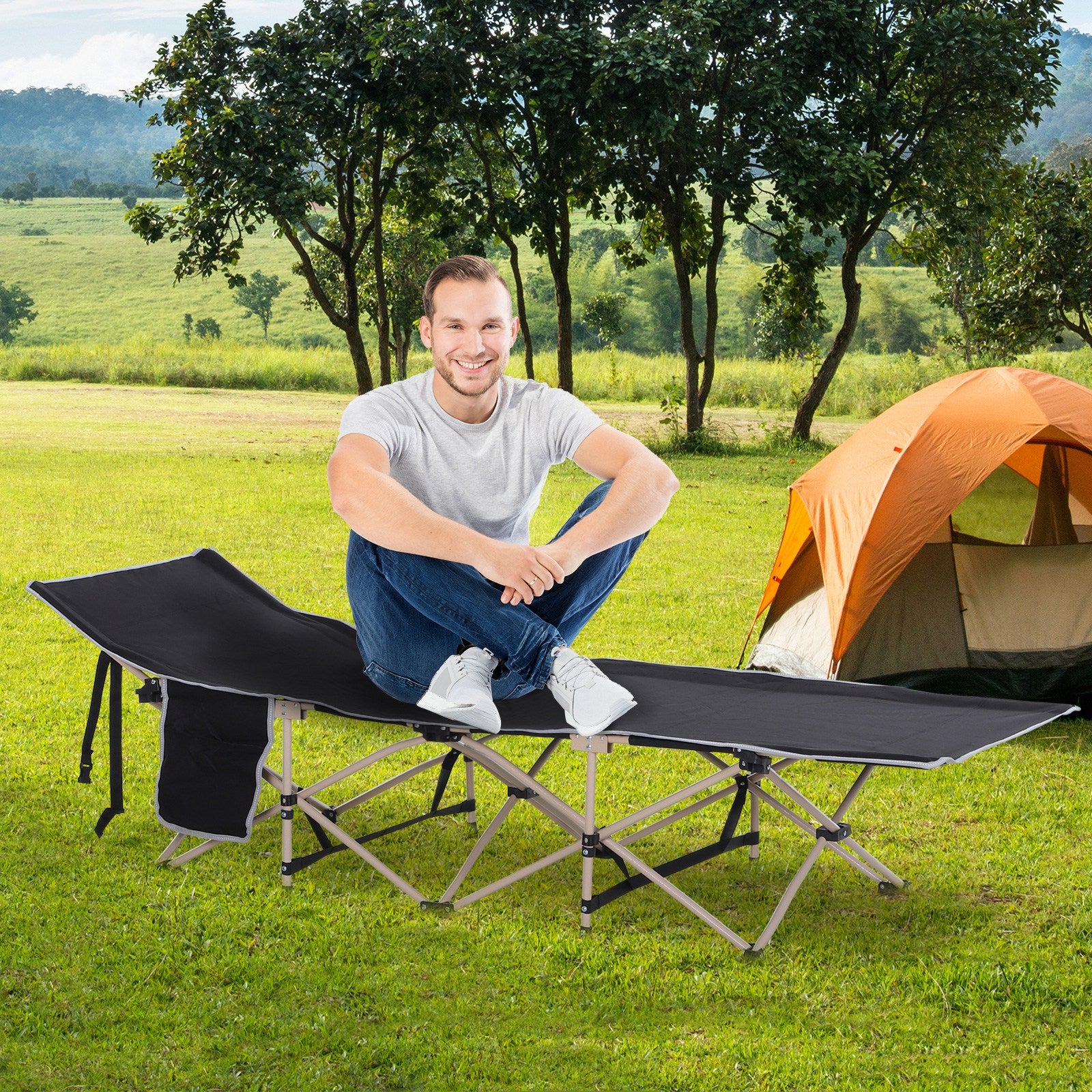 Portable Folding Camping Cot with Steel Frame and Carry Bag, Black