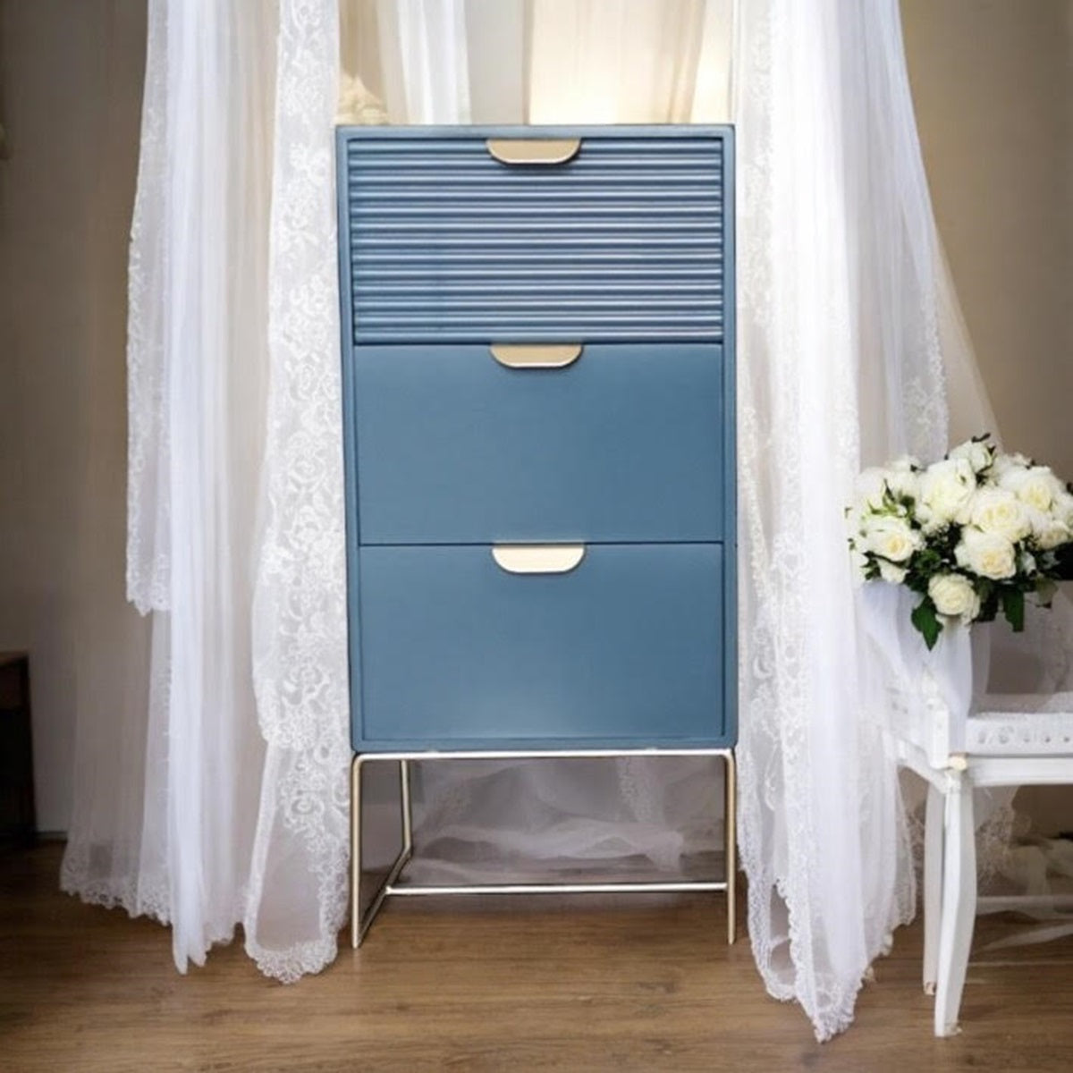 MSL 64cm Blue Wooden 3-Drawer Bedside Table with Scalloped Edge Design