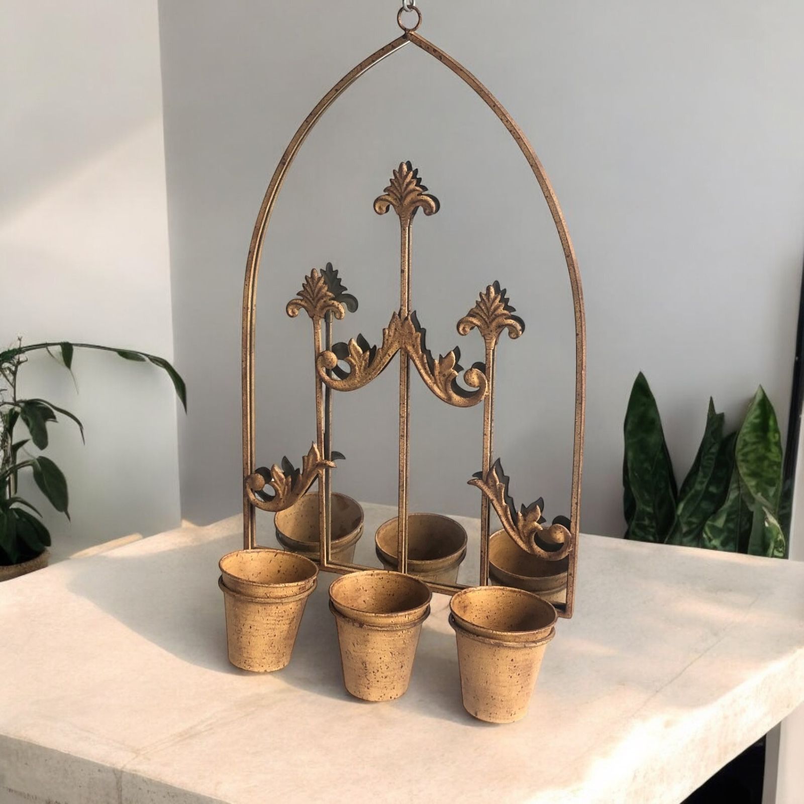 MSL 75cm Rusty Wall Mirror with 3 Planter Holders and Pots