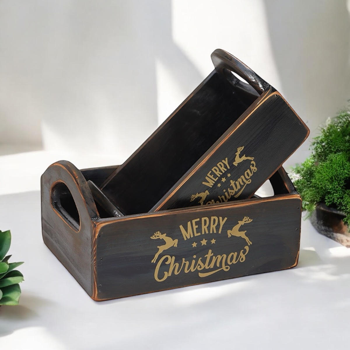 MSL Set of 2 Black Wooden Christmas Boxes, Hand Finished