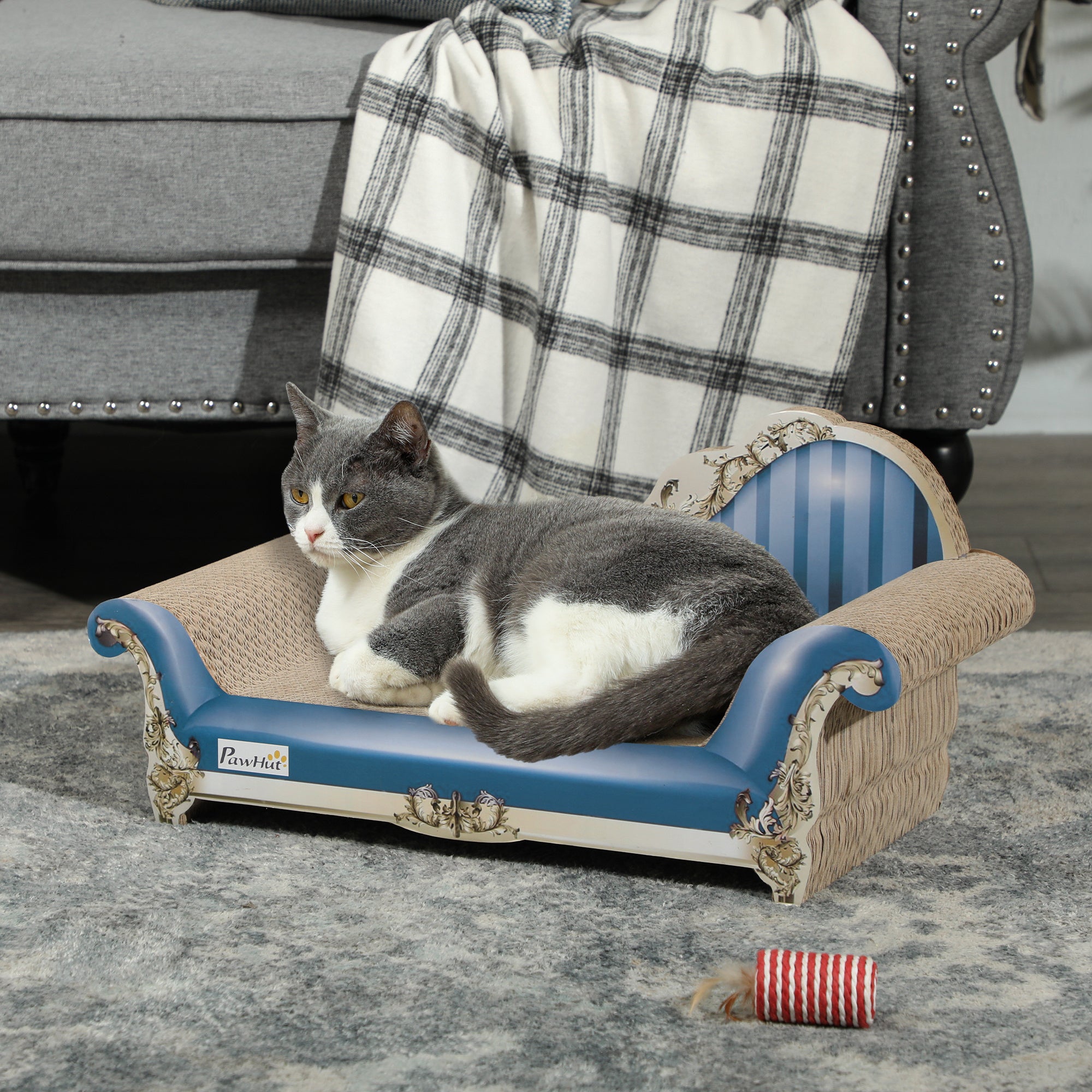 PawHut 2-in-1 Cat Scratcher and Cardboard Lounge Bed with Catnip, Blue