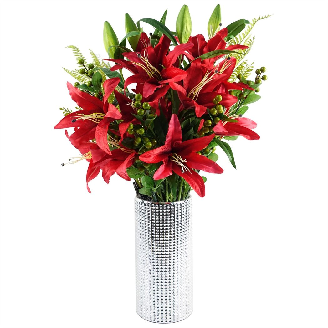 Leaf 30cm Silver Glass Vase with Dot Recessed Pattern