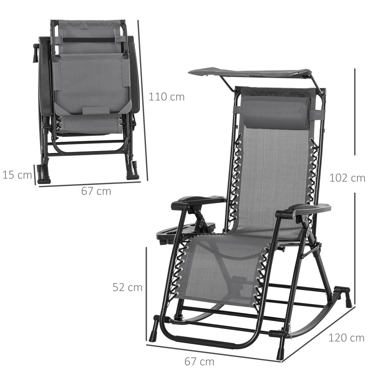 Grey Folding Outdoor Zero-Gravity Recliner Rocker Chair