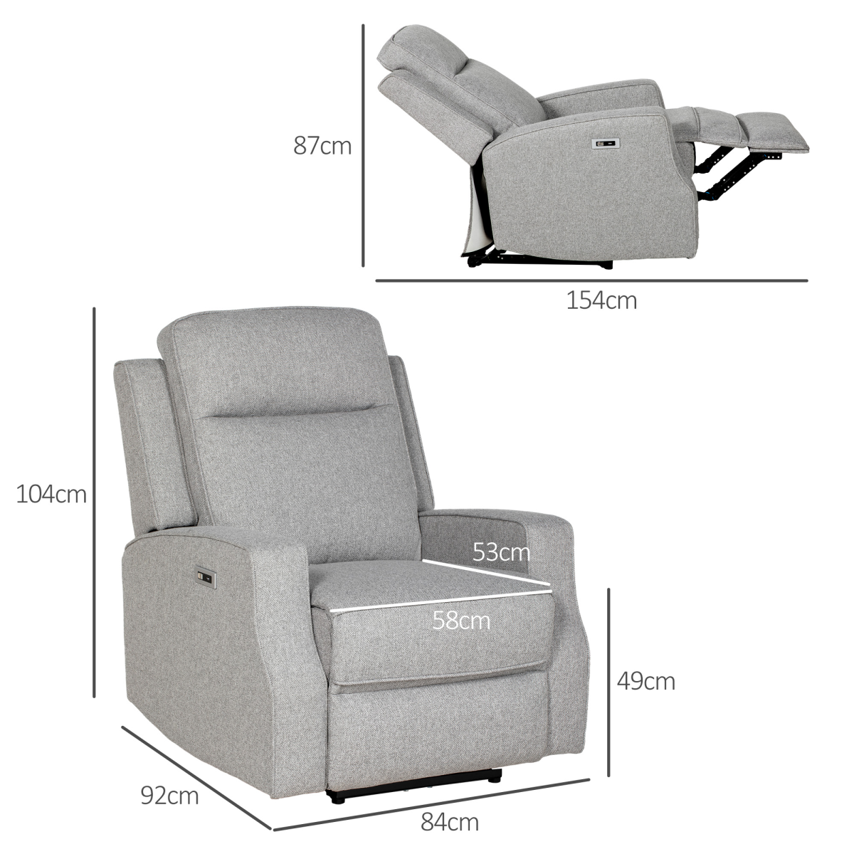 HOMCOM Grey Electric Recliner Armchair with USB Port