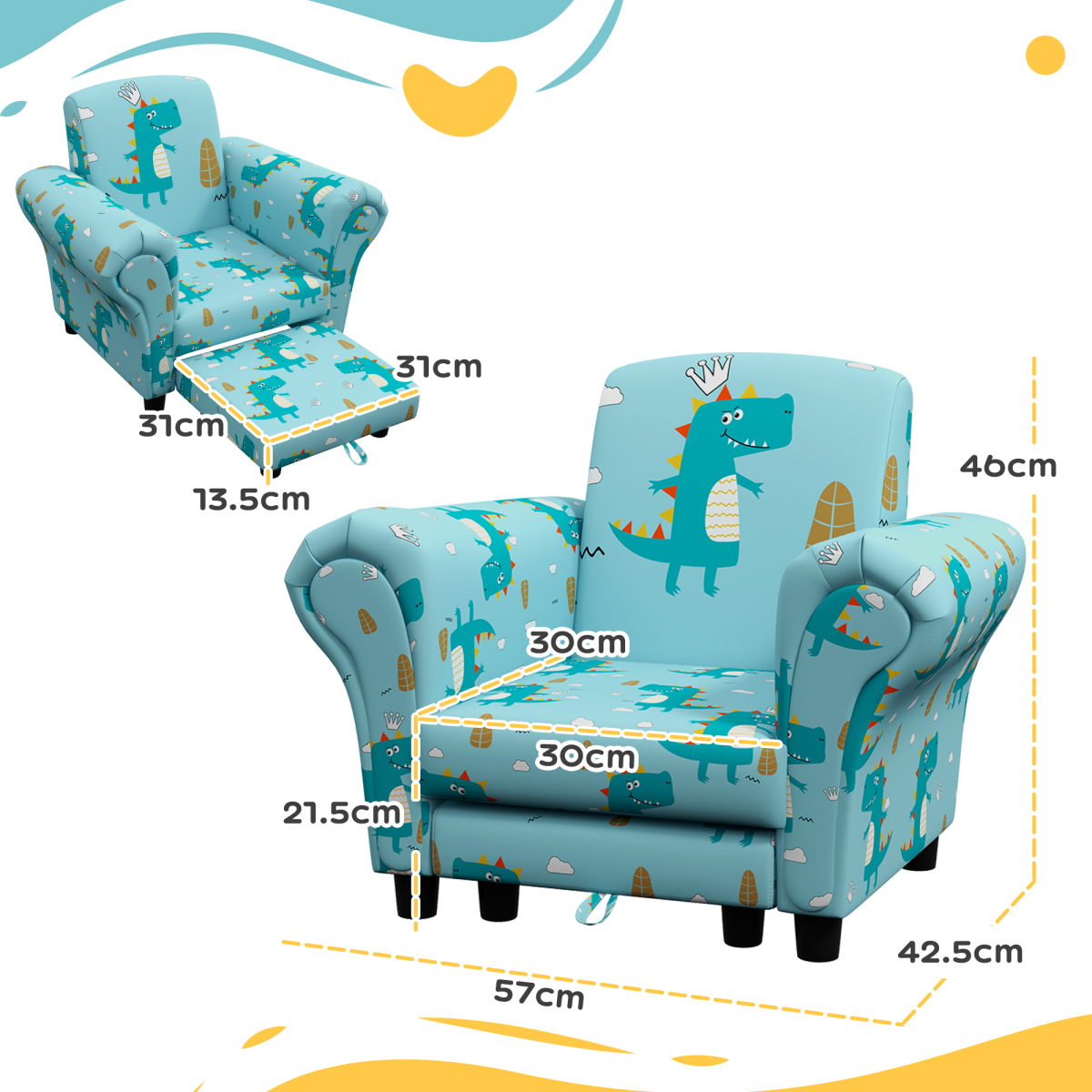AIYAPLAY 2 Piece Kids Sofa Set, Dinosaur Print, Blue for Nursery