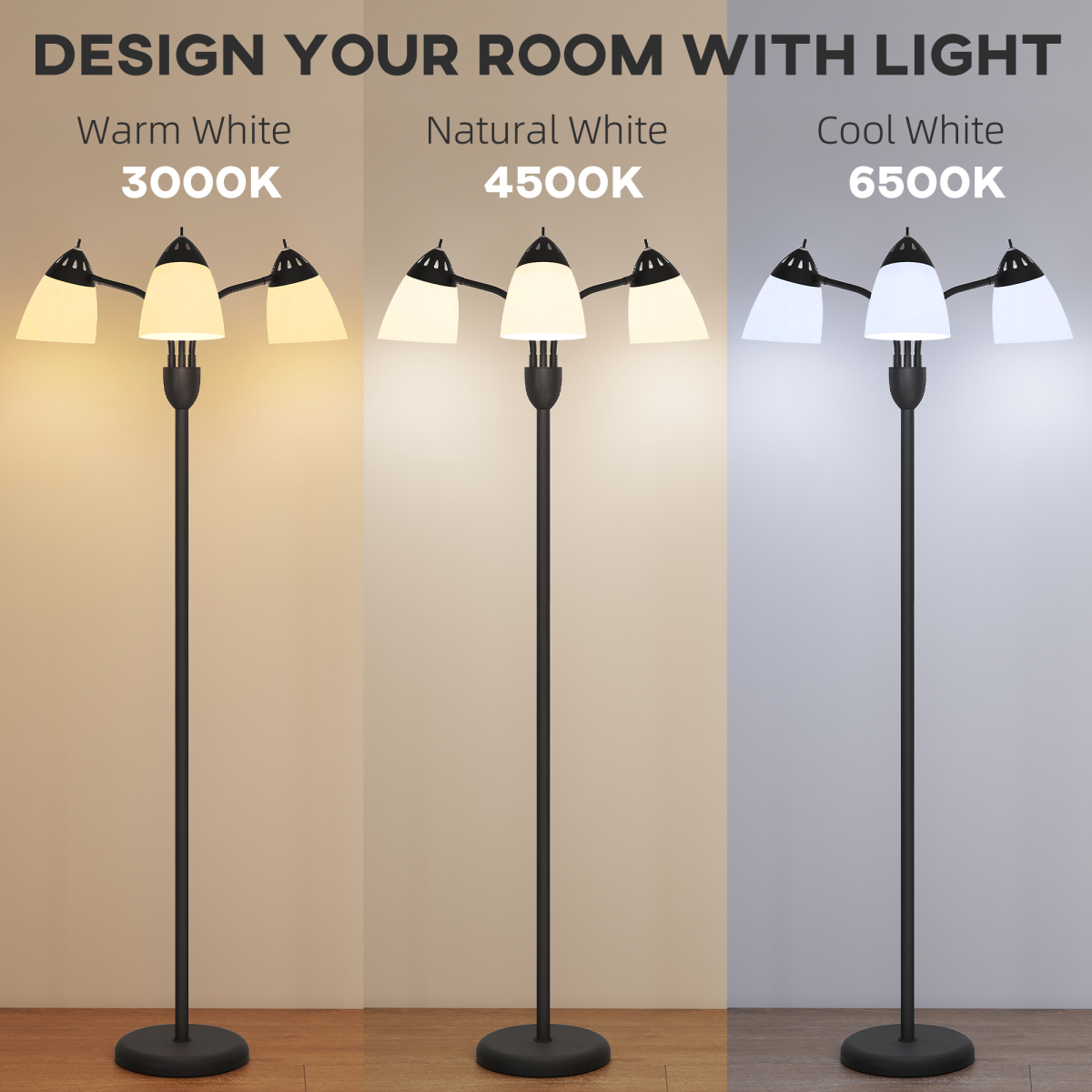 HOMCOM 3-Light Arc Tree Floor Lamp, Flexible Heads, Black, 3000K/4500K/6500K