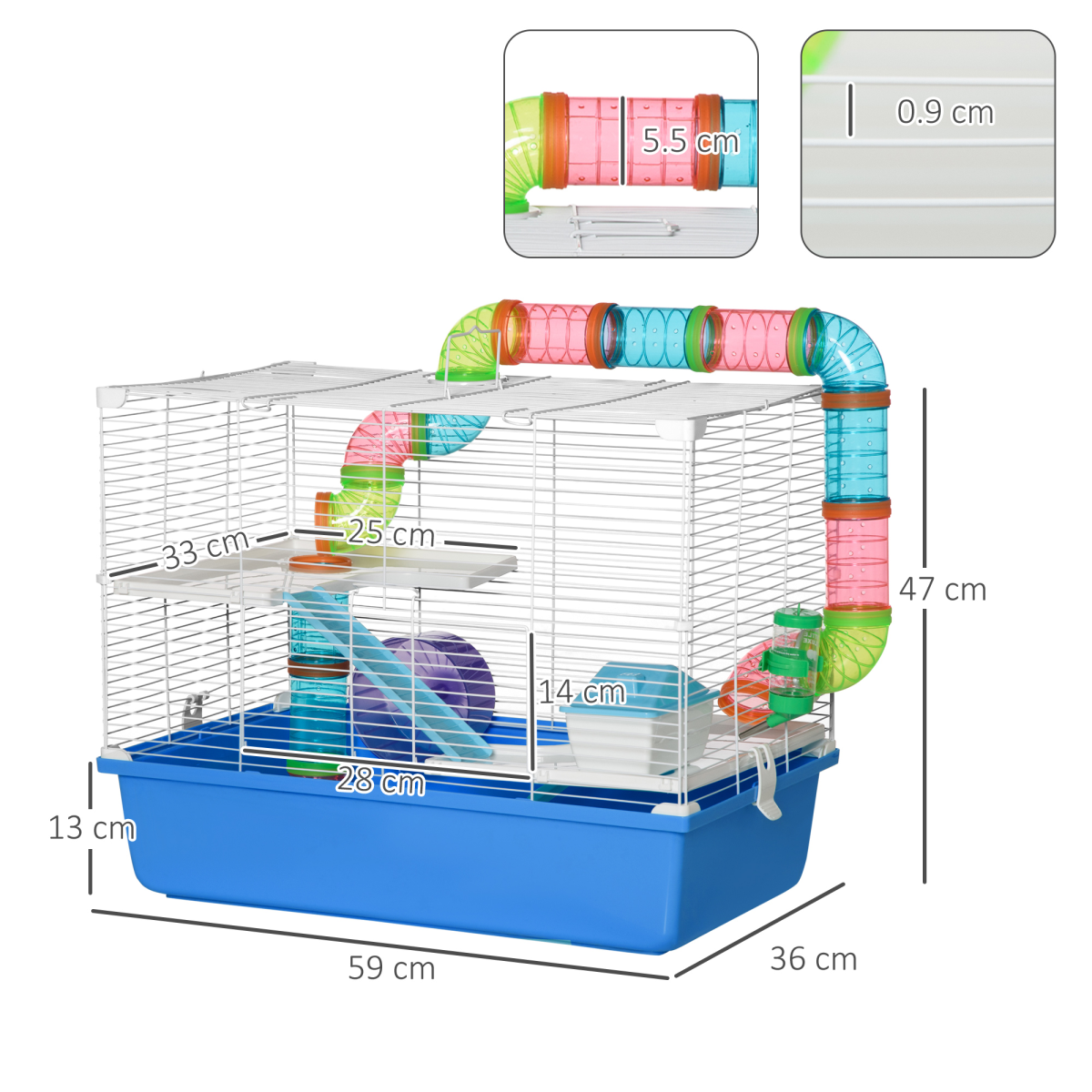 Hamster Cage Rodents House w/ Tubes Exercise Wheel, Water Bottle - Blue