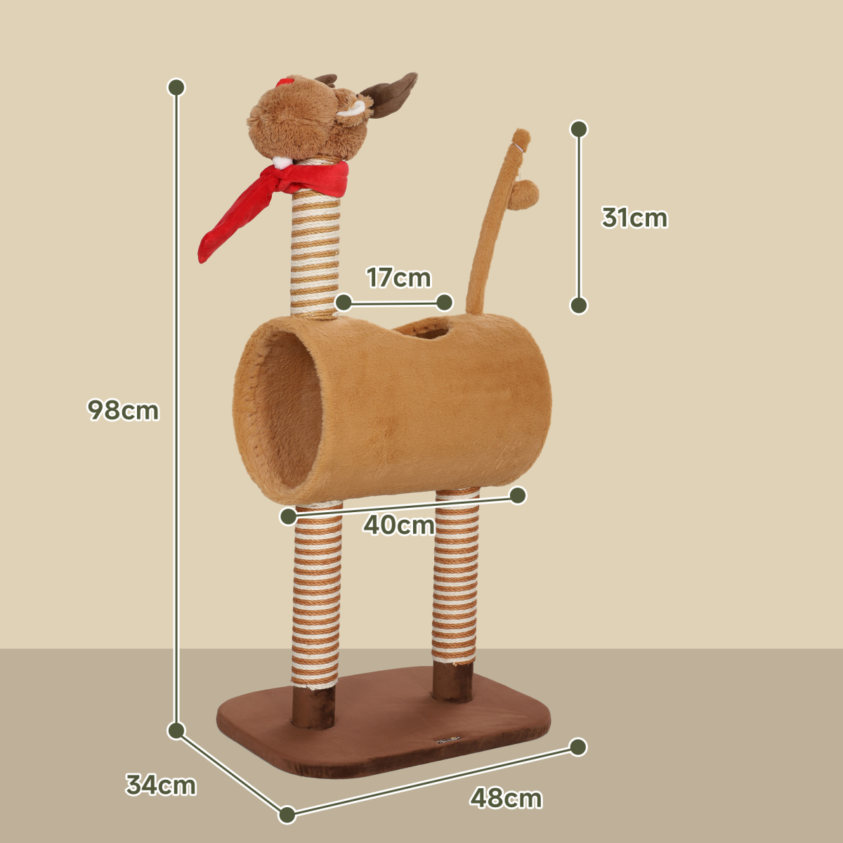 PawHut Deer-Themed Cat Tree with Tunnel and Toy Ball