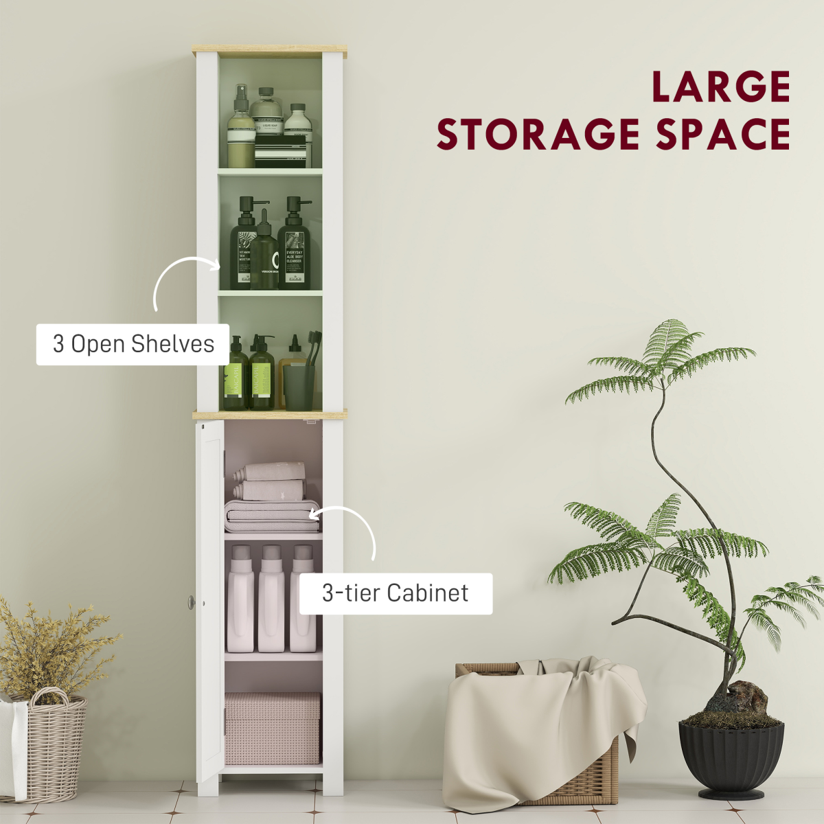 kleankin Slim Bathroom Storage Cabinet with Open Shelf, White