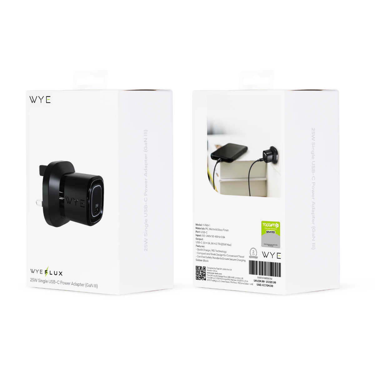 WYEFLUX 25W Single USB-C Power Adapter with GaN III Circuit