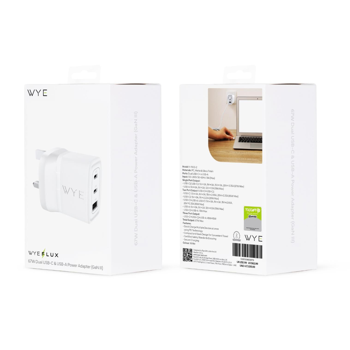WYEFLUX 67W Dual USB Type C & USB-A Power Adapter (GaN III)