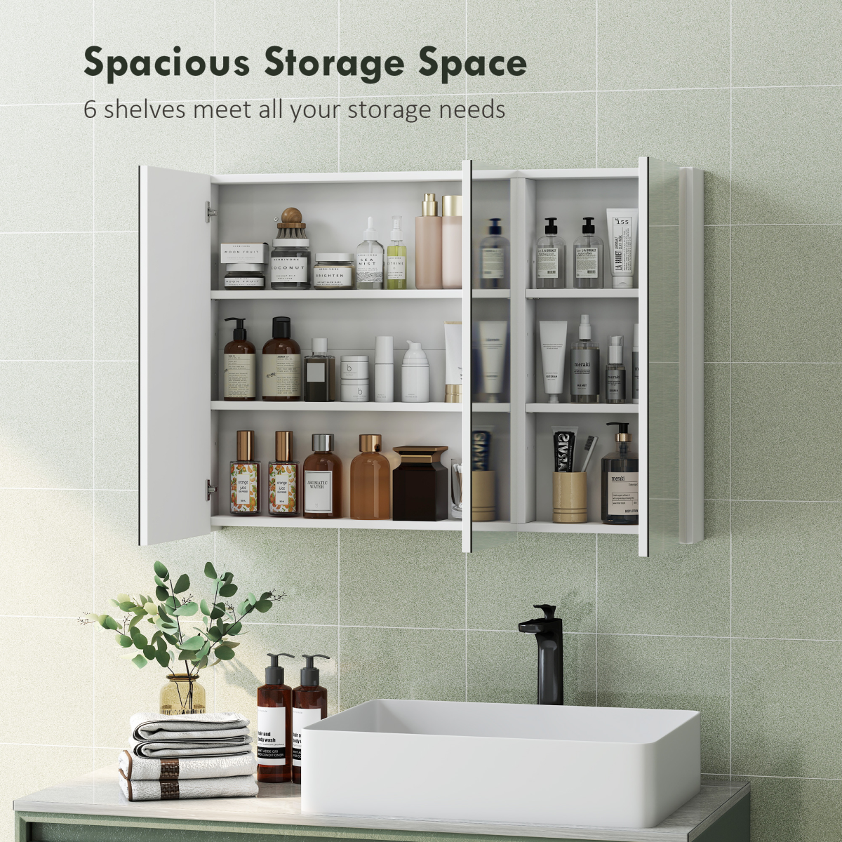 HOMCOM Bathroom Mirror Cabinet, 3 Doors, 6 Shelves, White