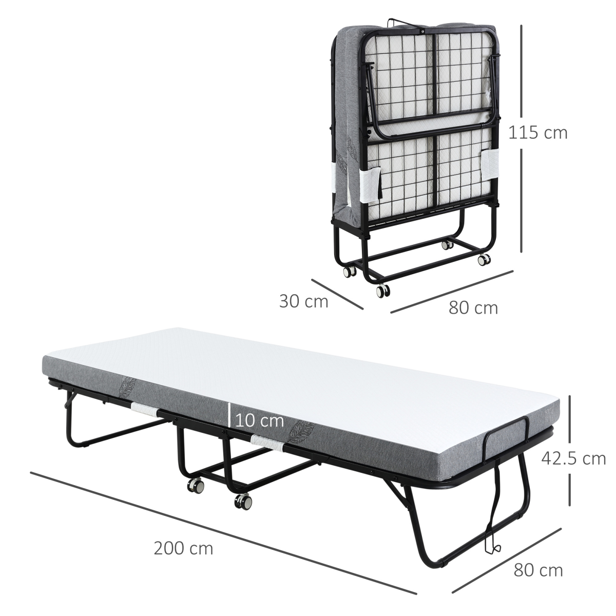 HOMCOM Folding Bed with 10cm Mattress, Portable Foldable Guest Bed, Metal Frame, 4 Wheels, 150kg Max Load