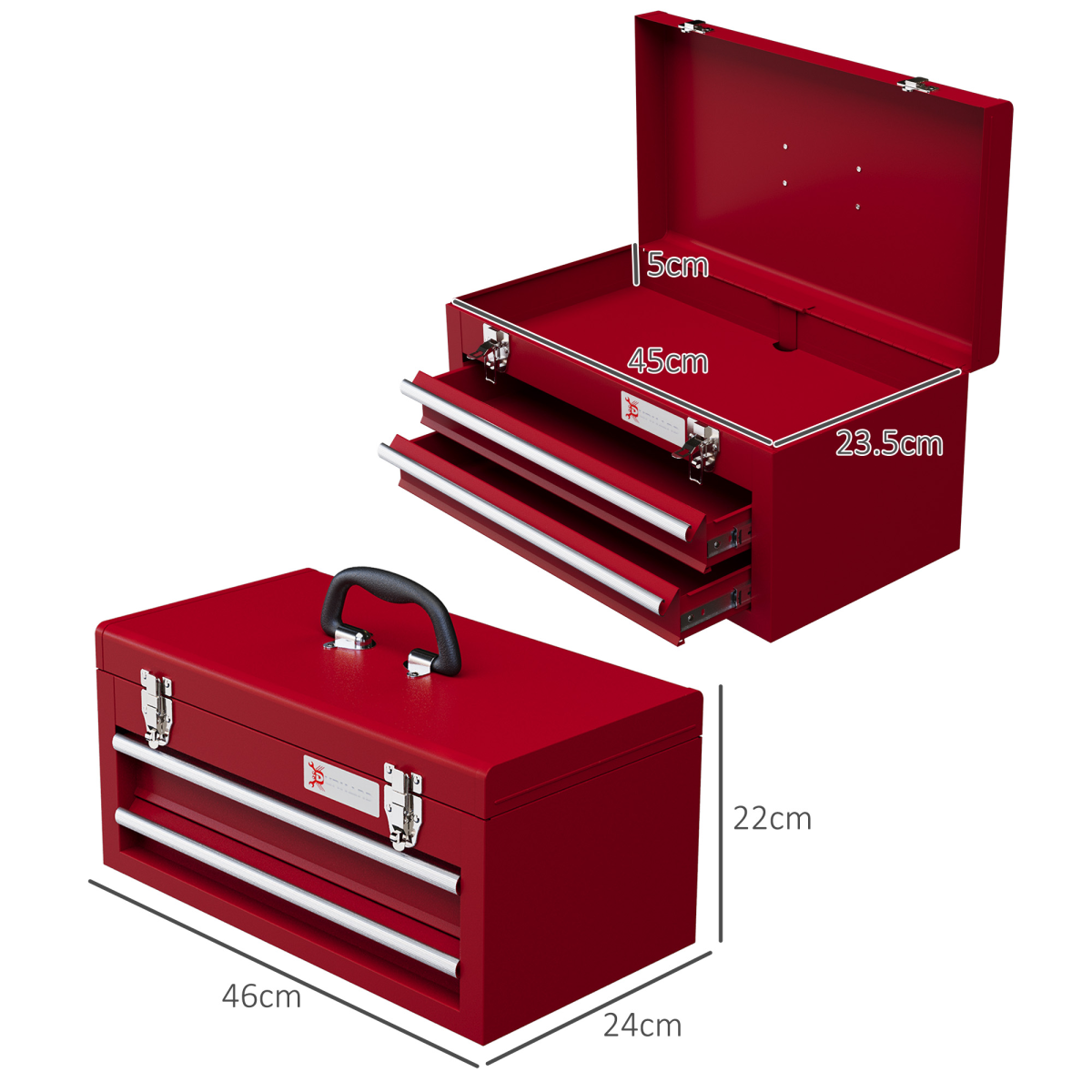 DURHAND Lockable 2-Drawer Steel Tool Chest with Ball Bearing Slides, Red