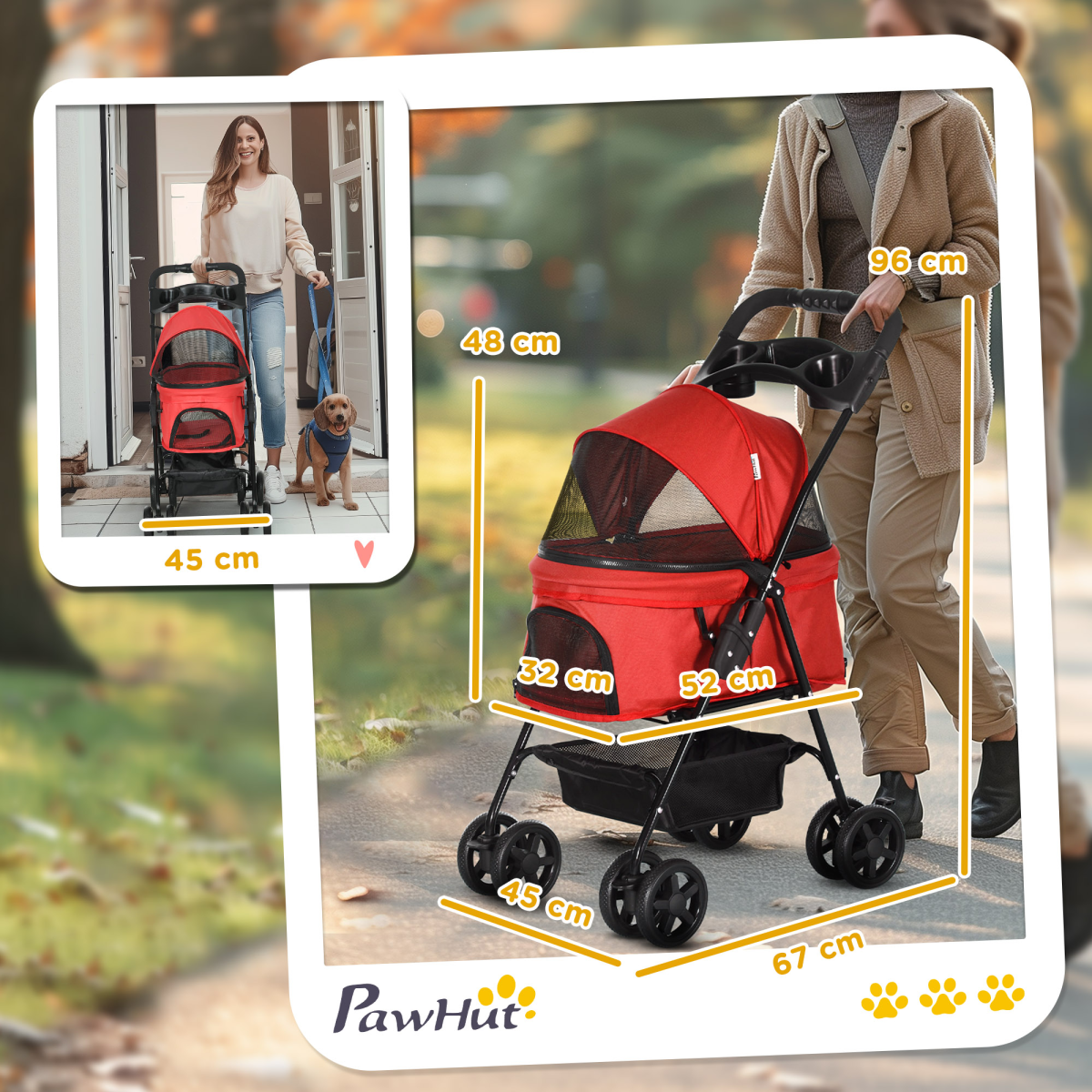 No-Zip Foldable Pet Stroller with Brake Wheels, Adjustable 4-Position Canopy, Basket, Safety Leashes, Steel Frame