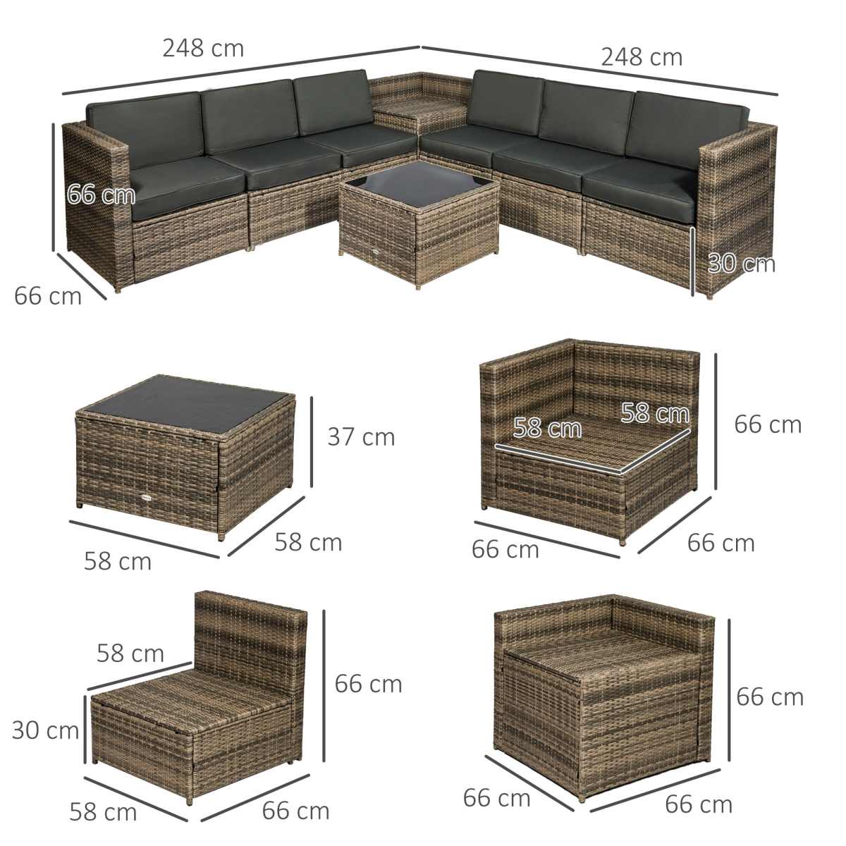 Outsunny 8-Piece Patio Rattan Sofa Set with Cushions, Tempered Glass Coffee Table and Corner Table