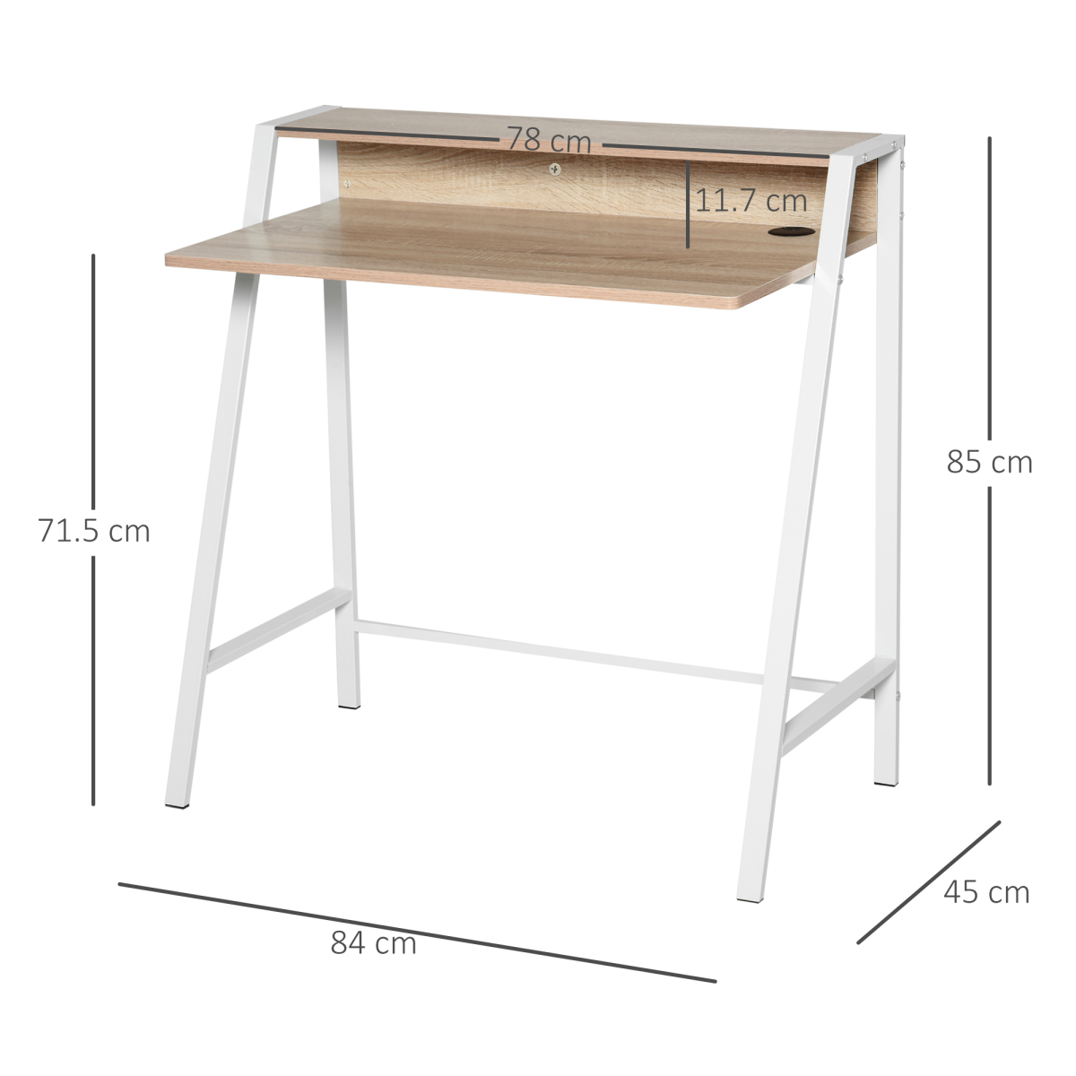 HOMCOM White and Oak Computer Workstation Storage Shelf, Two-Tier Tabletop, Steel Frame, 20kg Max Load