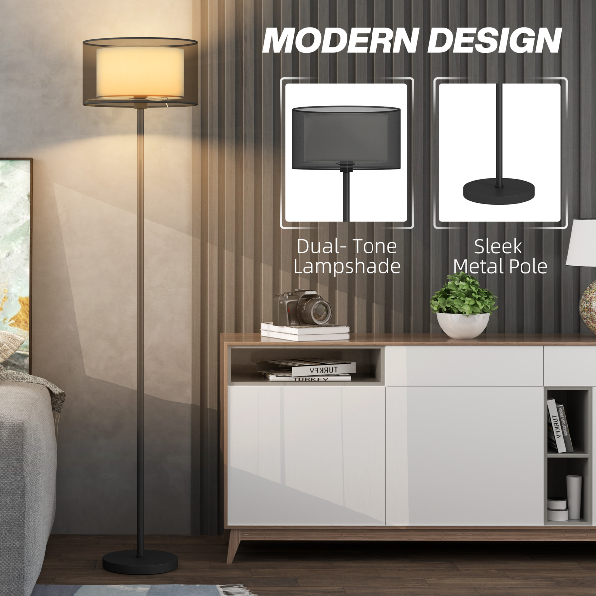 HOMCOM Modern Floor Lamp with Double-Layer Shade, Foot Switch, Black