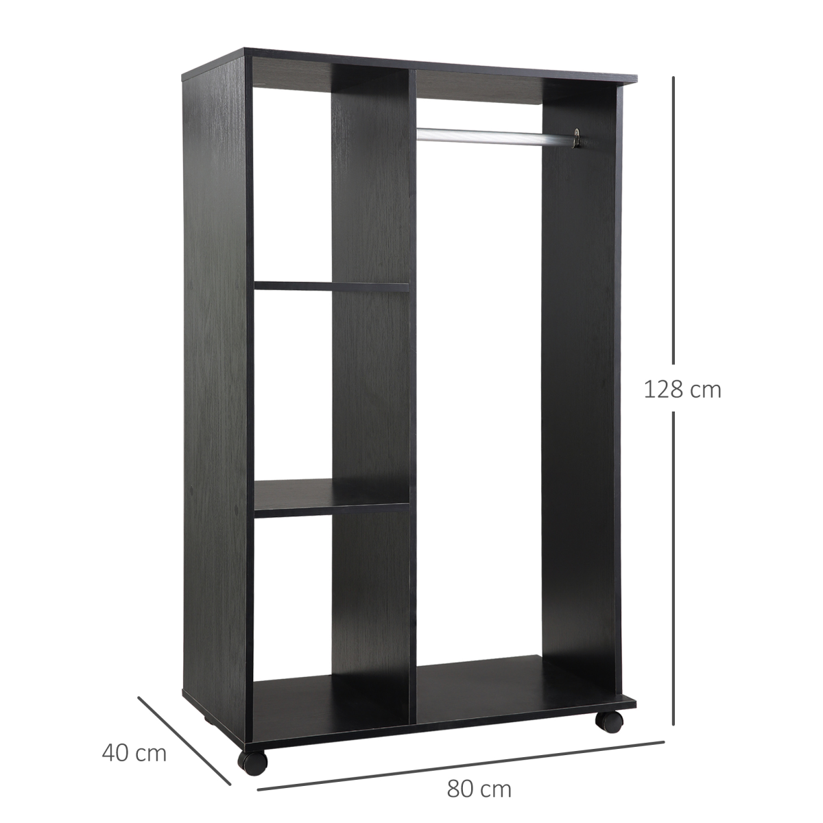 HOMCOM Rolling Open Wardrobe with Hanging Rail and Shelves, Black