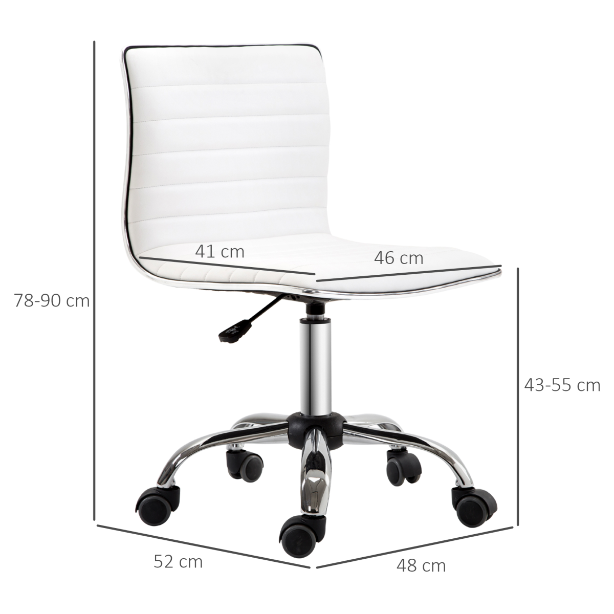 Armless Mid-Back Adjustable Height 360 Swivel PU Leather Office Chair with Casters, White