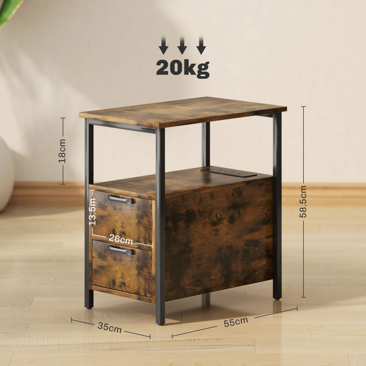 HOMCOM Nightstand with Charging Station, 2 Drawers, Rustic Brown