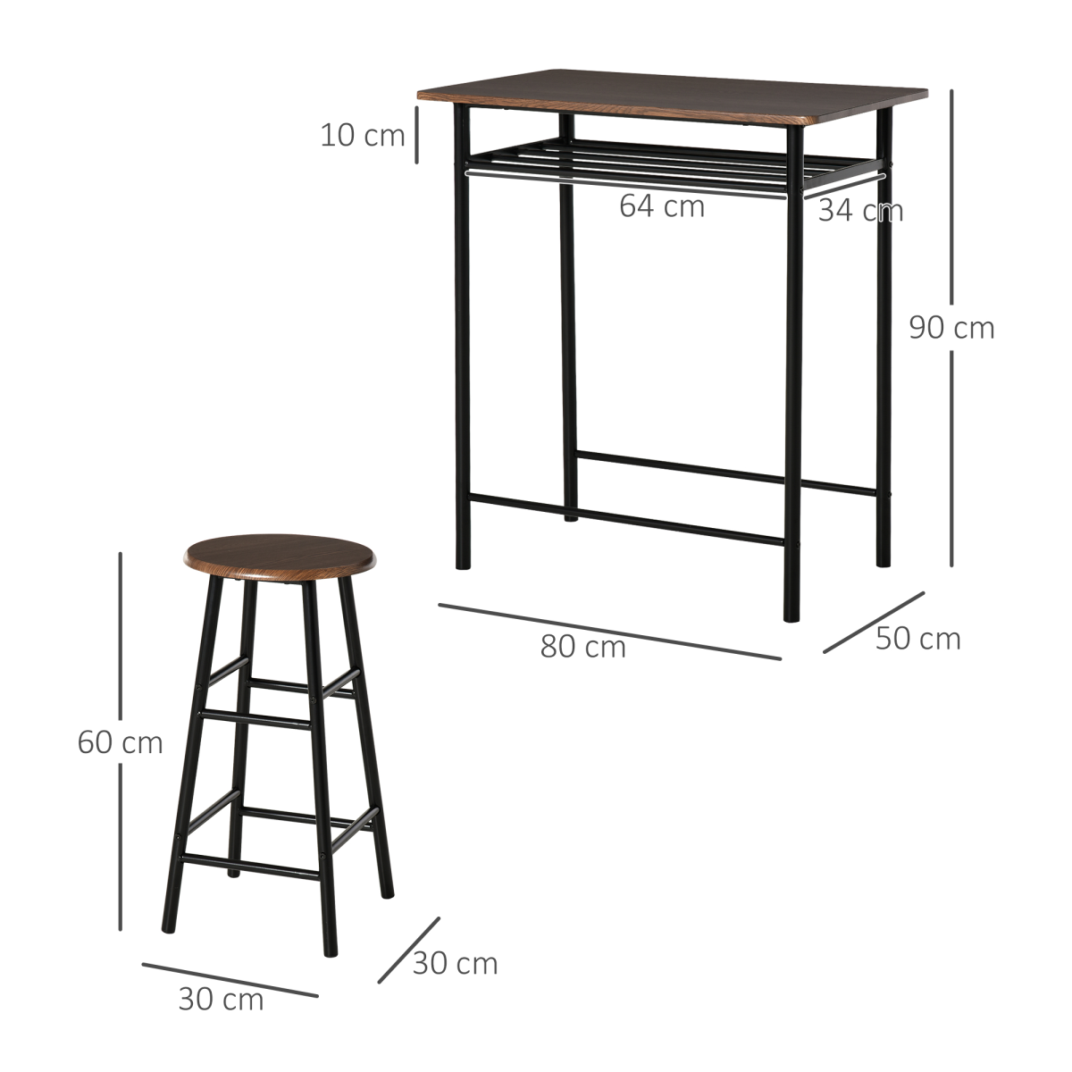 HOMCOM Bar Set with 1 Table and 2 Stools, Metal Frame, Black and Oak