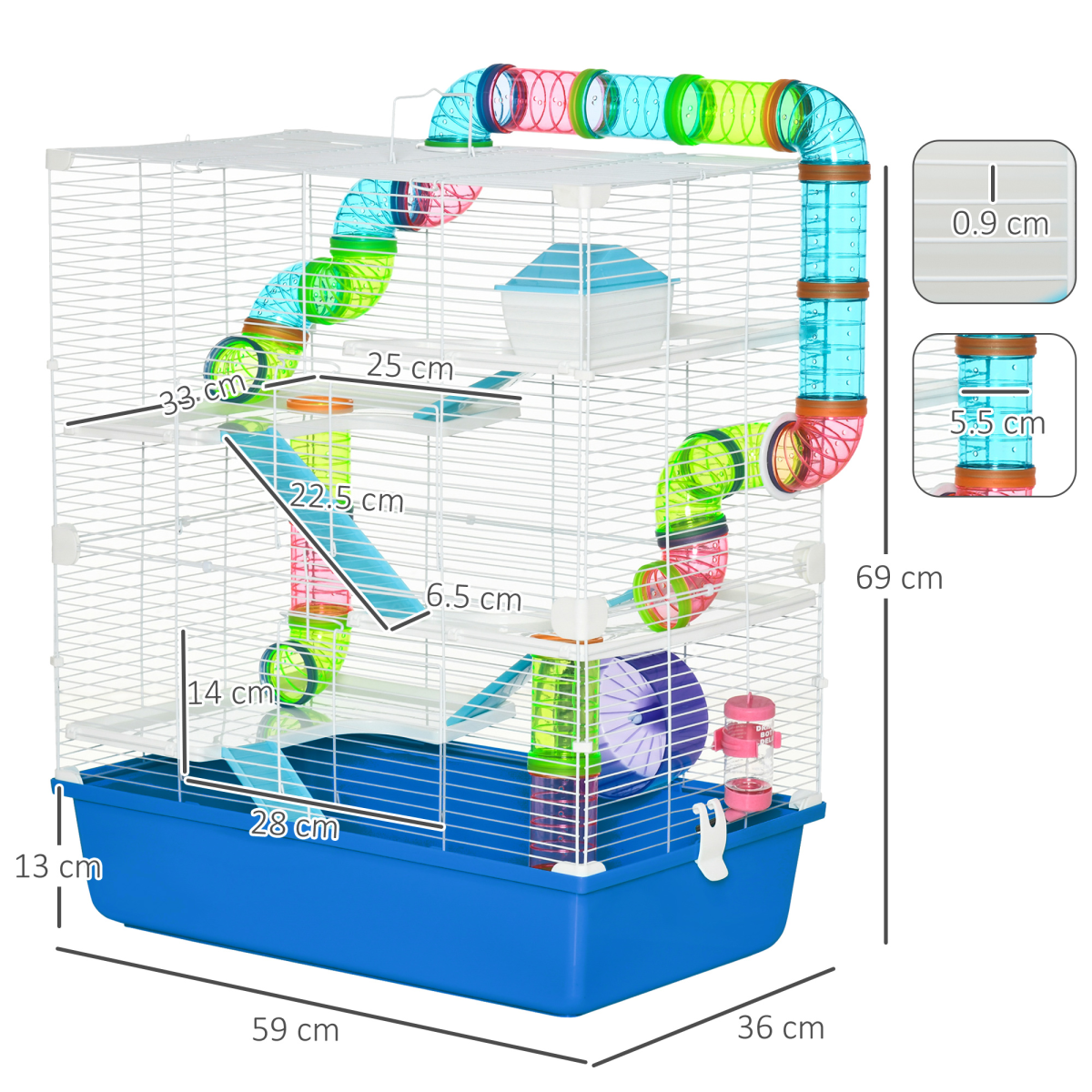 PawHut Five-Level Hamster Cage with Tubes, Water Bottle, Exercise Wheel, Ramps, Hut and Food Dish, Blue