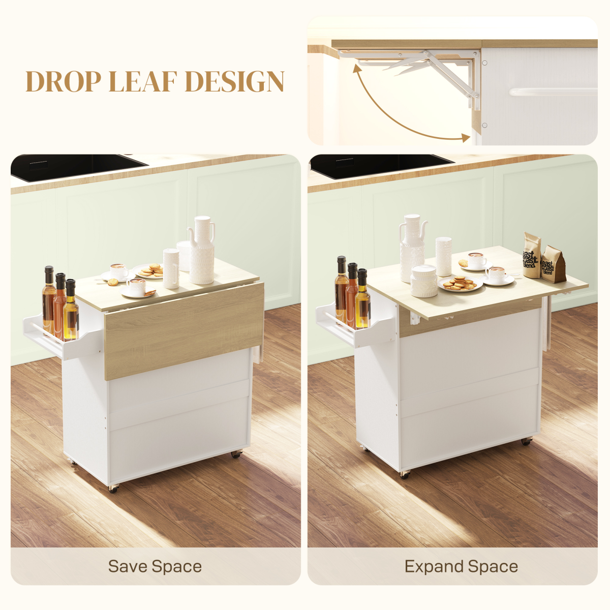 HOMCOM Rolling Kitchen Island with Drop Leaf, Storage Trolley, White