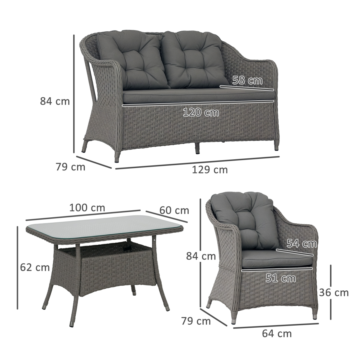 Outsunny 4-Piece Rattan Garden Sofa Set with Cushions and Table