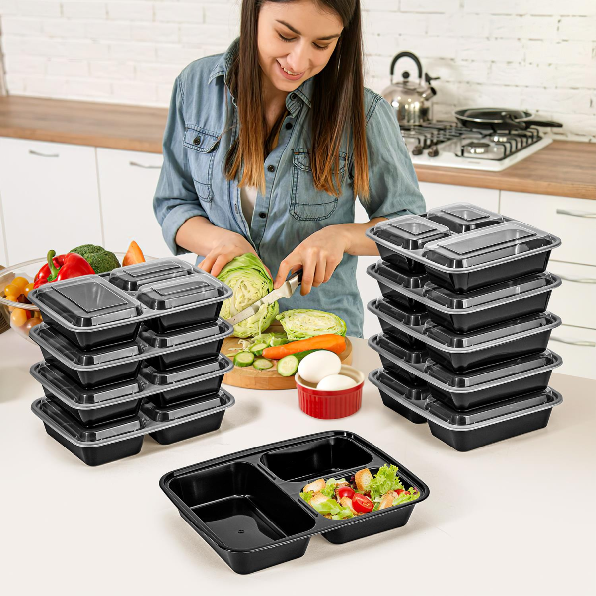Vinsani 20 Pack 3 Compartment Meal Prep Containers with Leak-Resistant Lids, 32 oz, BPA-Free, Microwave, Freezer & Dishwasher Safe