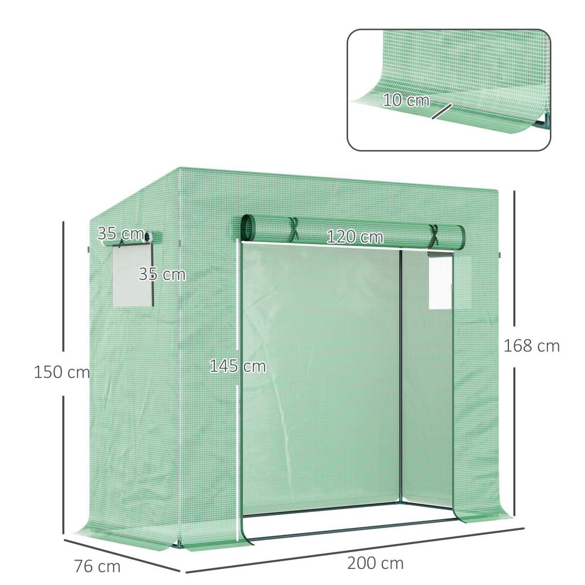 Outsunny Garden Greenhouse with Windows and Roll-Up Zip Panel, 198L x 77W x 149-168H cm