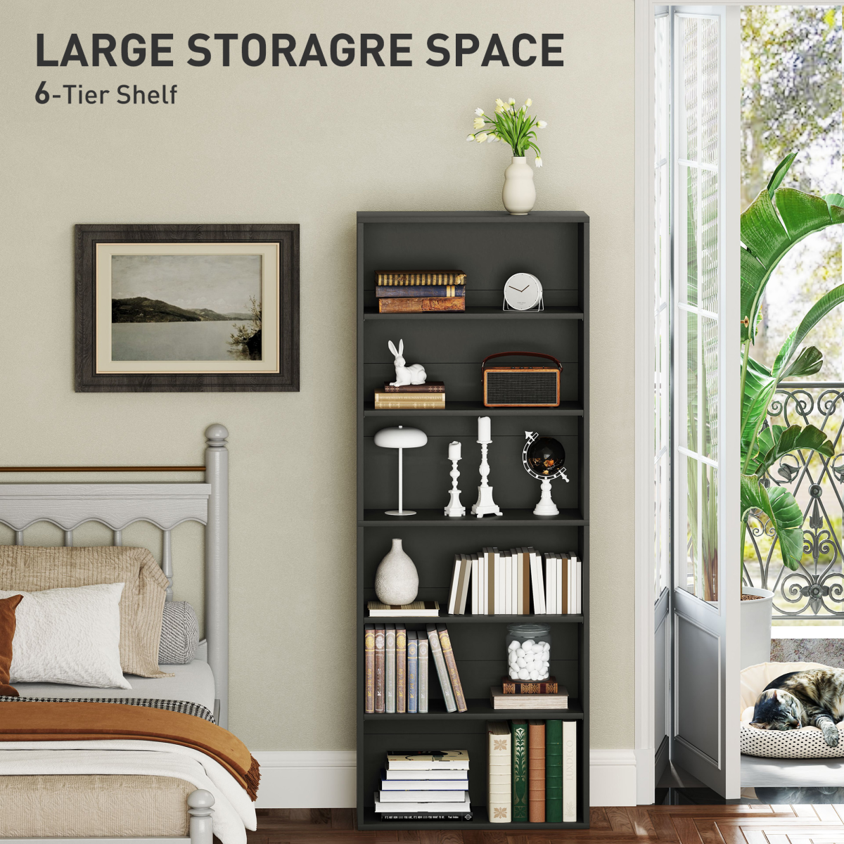 HOMCOM 6-Tier Freestanding Bookcase with Adjustable Shelves, Black