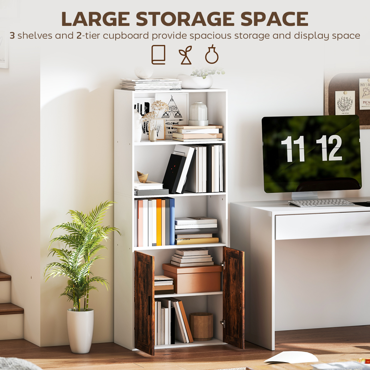 HOMCOM Tall 5-Tier Bookcase with Adjustable Shelf & Cupboard, Rustic Brown
