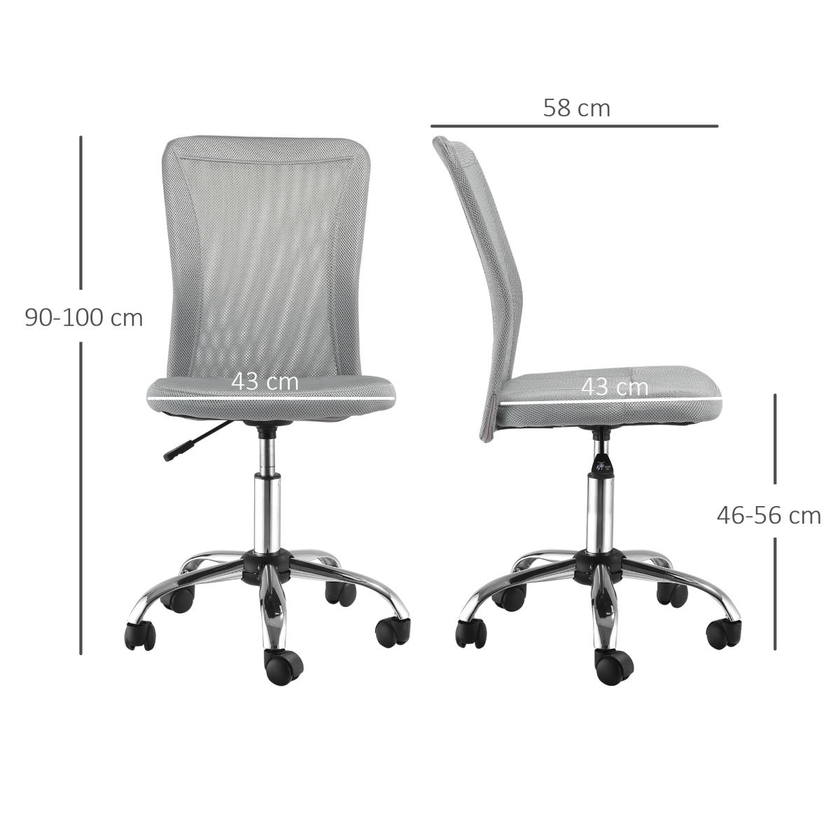 Armless Office Chair Ergonomic Padded Height Adjustable Mesh Back 5 Wheels
