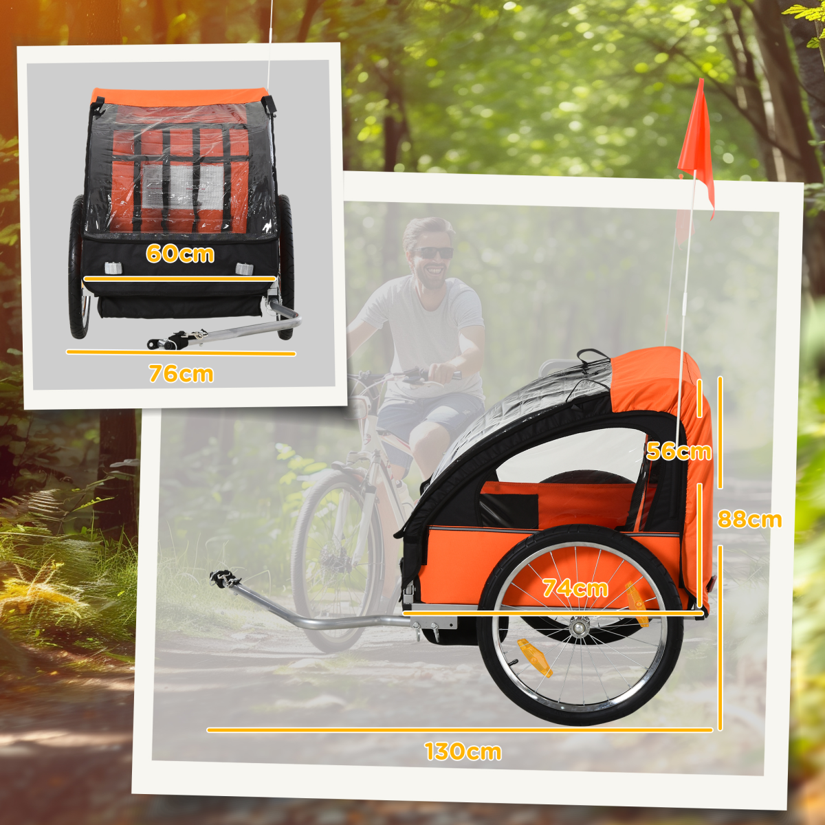 HOMCOM 18m 2-Seat Child Bike Trailer for Kid w/ Steel Frame Seat Belt Orange