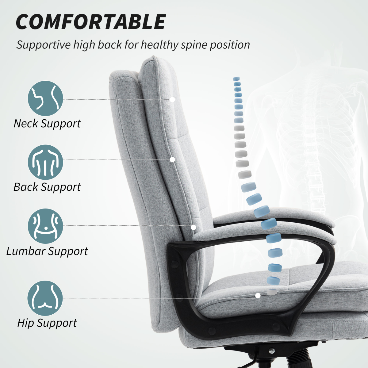 HOMCOM Light Grey Fabric Office Chair, Adjustable Swivel Desk Chair