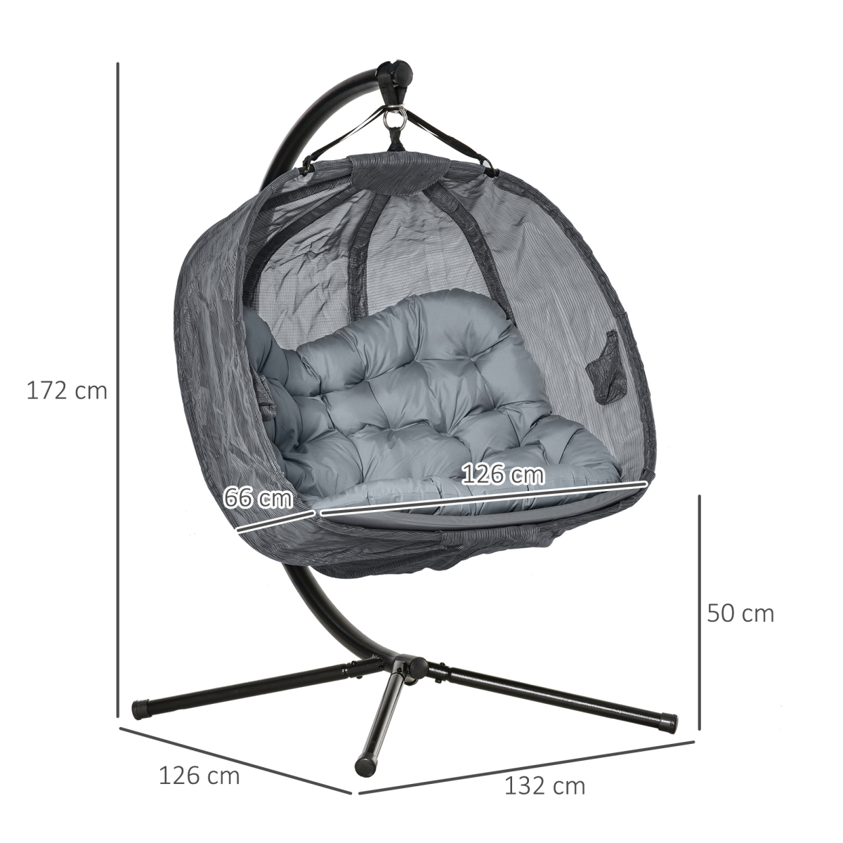Outsunny 2-Seater Hanging Egg Chair with Cushion, Grey