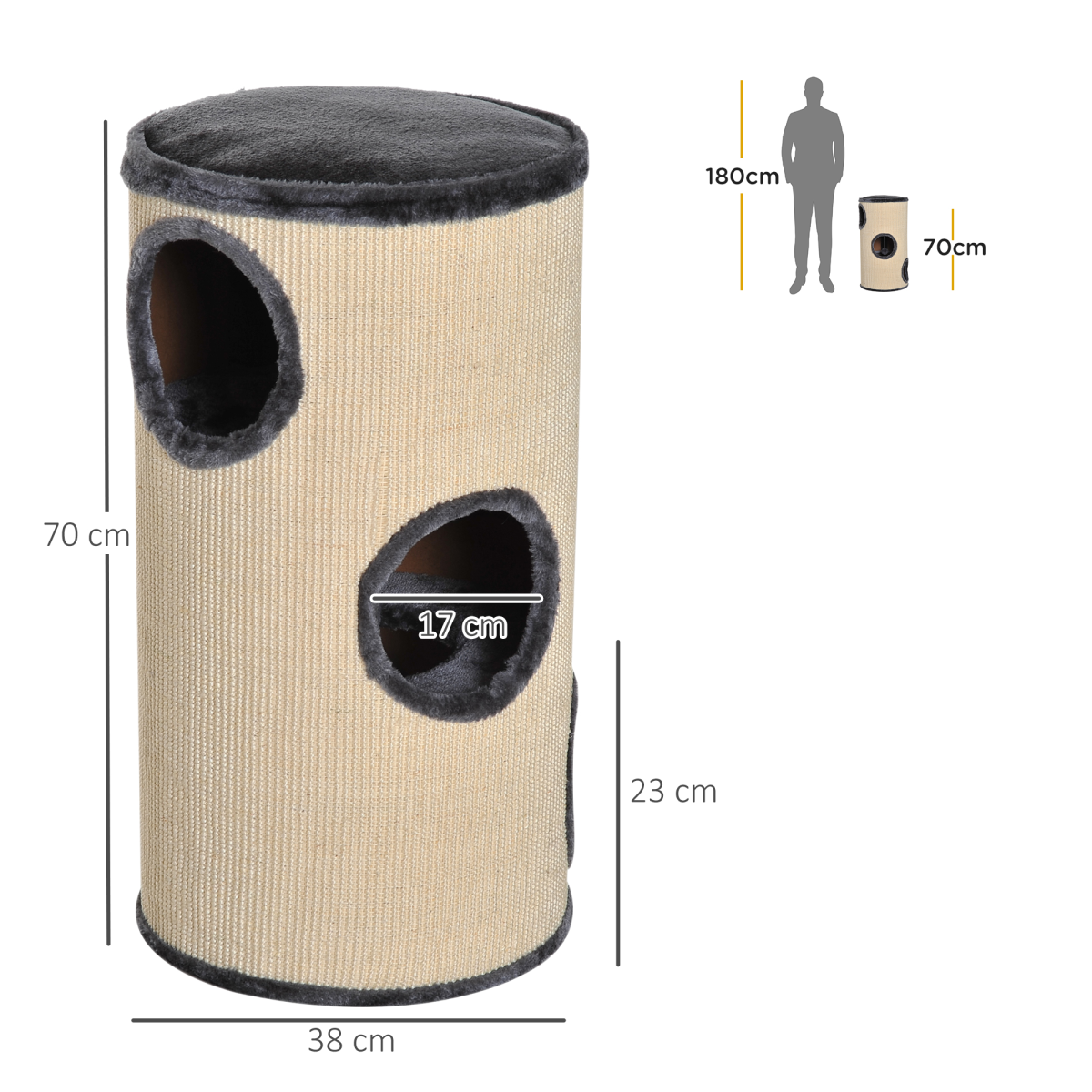 Cat Scratching Barrel Sisal Activity Center with 3 Dens and Observation Deck 70Hcm