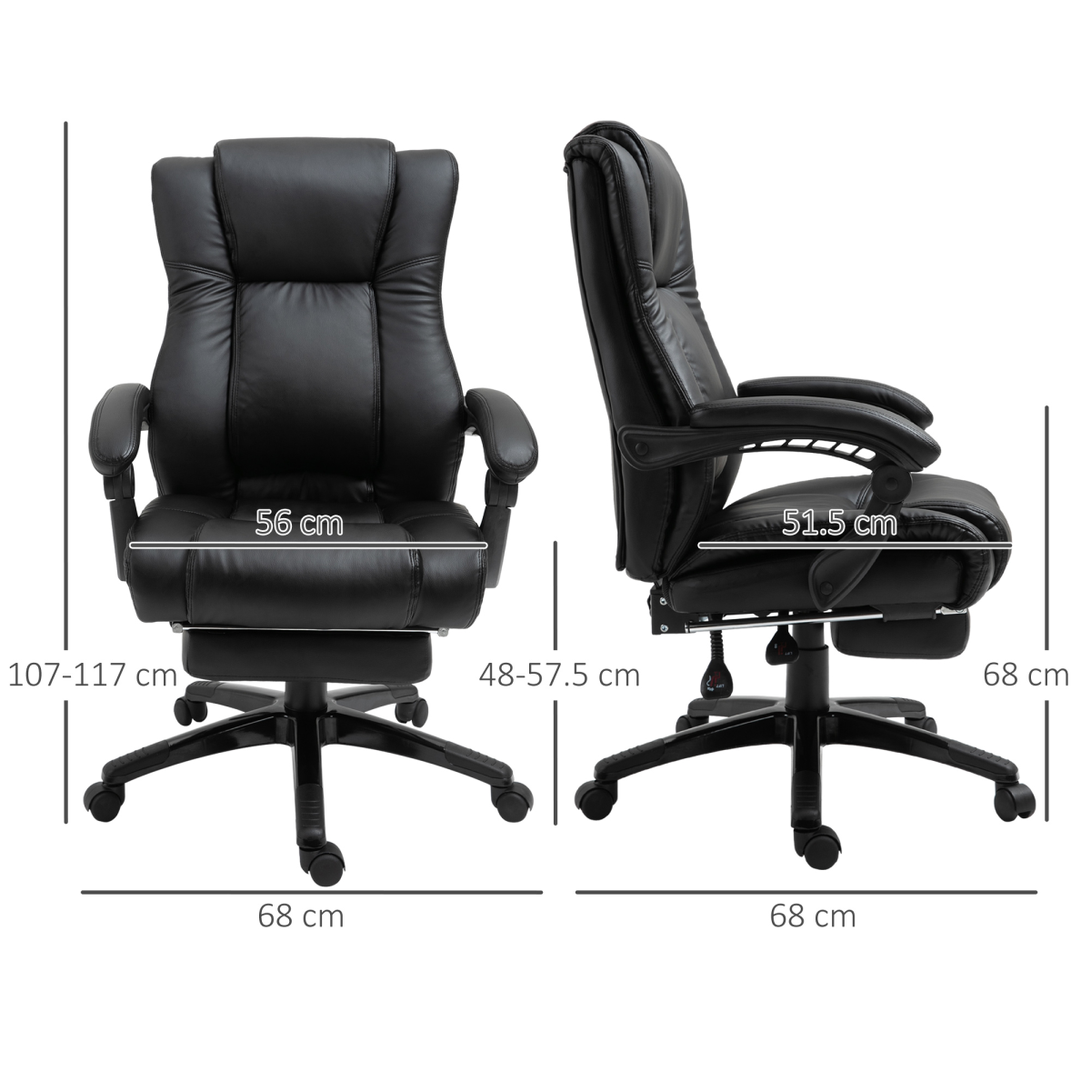 Executive High Back Office Chair with Reclining Backrest, Retractable Footrest, Adjustable Height, 360 Swivel Wheels, Black