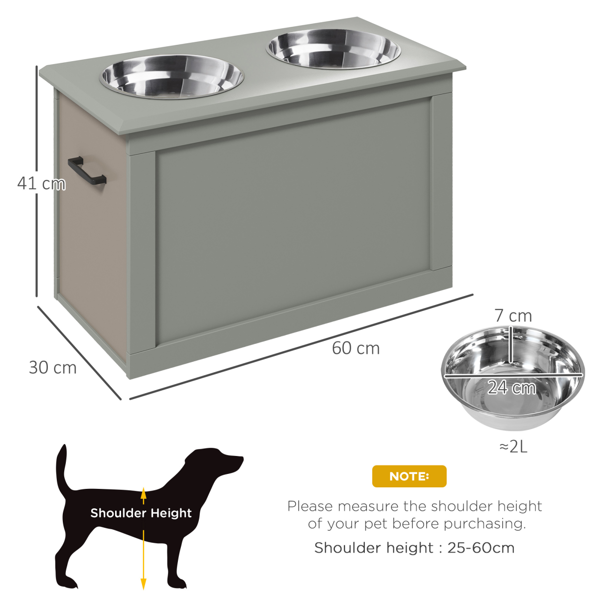 PawHut Elevated Dog Bowls with Storage, 2 Bowls, Grey